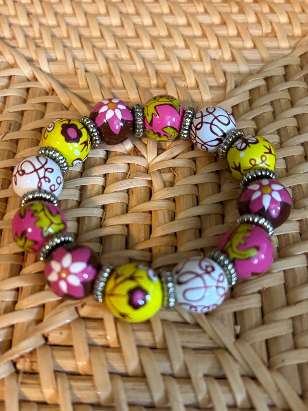 Angela Moore Hand Painted Beaded Floral Stretch Bracelet - Pink, Yellow & White